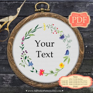 Wildflower Wreath Motivational Quotes - Cross Stitch PDF Pattern with Custom Text, XStitch Modern Embroidery