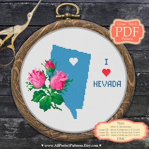 Love Nevada - Rosen - Kreuzstich PDF Stickvorlage - USA State Karte - XStitch - Moderne Stickerei - Wanddeko