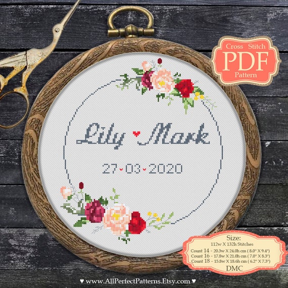 flower wreath wedding sampler Wedding Record with Pretty Bears in Roses Modern Cross Stitch PDF Pattern for beginners