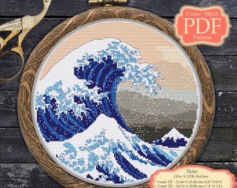 Great Wave off Kanagawa Japanese art - Cross Stitch PDF Pattern Modern embroidery abstract Home decor