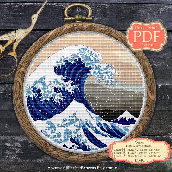 Great Wave off Kanagawa Japanese art - Cross Stitch PDF Pattern Modern embroidery abstract Home decor