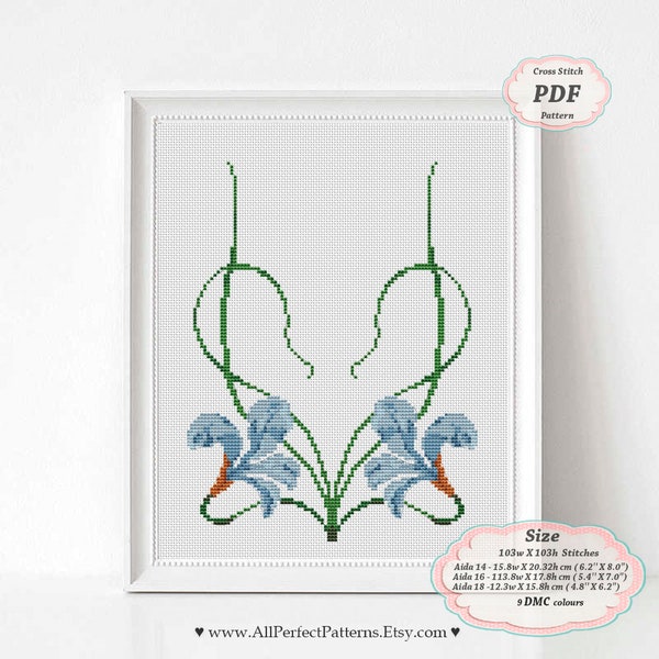 Blue Spuria Irises Art Nouveau Flowers Floral borders Digital Cross Stitch PDF Pattern Pillowcase cushion luxury modernity style Home decor