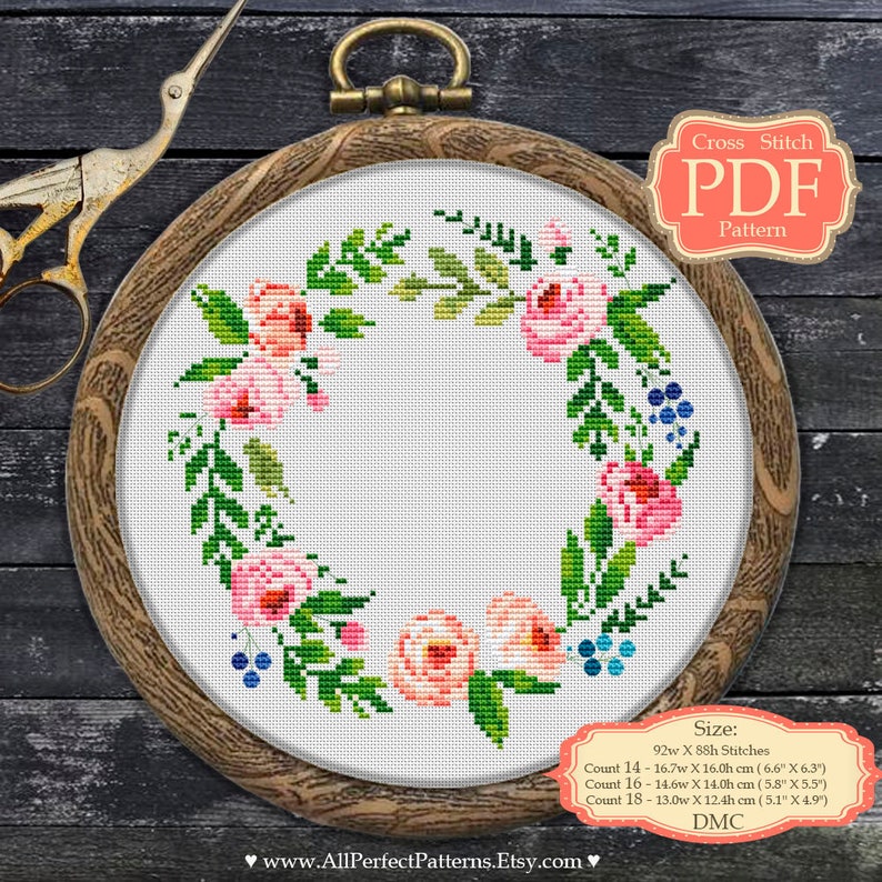 Download Flower Wreath Cross Stitch PDF Pattern with custom text | Etsy