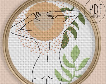 Pattern: Paradise Bliss - one line art female figure woman body art neutral boho terracotta cross stitch PDF abstract minimalist