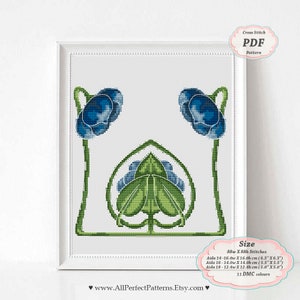 Blue Spring Flowers - Art Nouveau - Cross Stitch PDF Pattern, Floral borders for Pillowcase, Victorian Era style Home decor