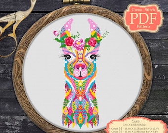 Mandala Llama in flower wreath Cross Stitch PDF Pattern, Zentangle Animals, XStitch Modern Embroidery hoop art wall decor