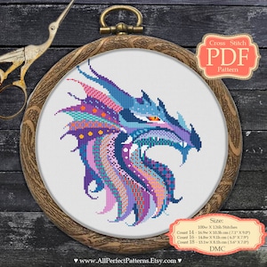 Mandala Dragon - Patrón PDF punto de cruz moderno - Animales zentangle - Decoración del hogar - Bordado- Xstitch