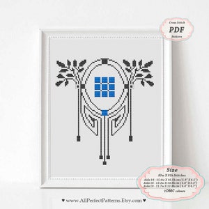 May include: A black and blue geometric cross stitch pattern with a wreath design. The pattern is 83 stitches wide by 91 stitches high. The pattern is available in a PDF format and uses 2 DMC colours.