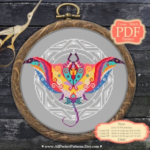 Manta Ray Mandala Cross Stitch PDF Pattern, Modern embroidery hoop art, Zentangle animals, XStitch doodle art