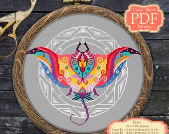 Manta Ray Mandala Cross Stitch PDF Pattern, Modern embroidery hoop art, Zentangle animals, XStitch doodle art