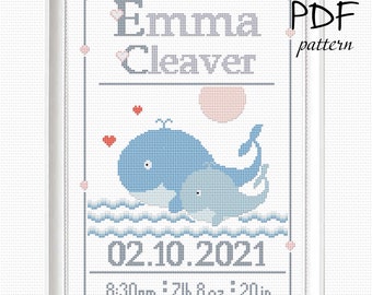 Baby Whale & mom Adoption and Birth Annoncement Cross Stitch PDF personalized custom sign embroidery sampler pattern Newborn Nursery Art