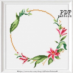 Pink Lily Flower - anuncio personalizado de nacimiento / boda Cross Stitch chart patrón PDF digital, bordes de muestra floral de flores para cojín