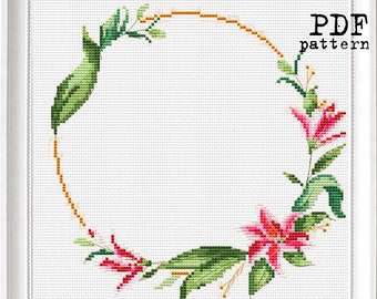 Pink Lily Flower - custom birth / wedding announcement Cross Stitch chart digital PDF Pattern, Flower Floral sampler borders for cushion