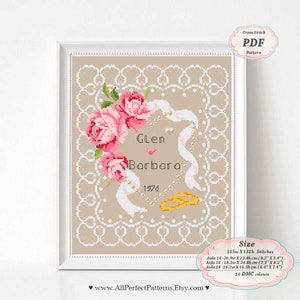 Wedding records Pearls and Roses on delicate Lace - Cross Stitch PDF Pattern Modern embroidery floral sampler, hoop art flowers announcement