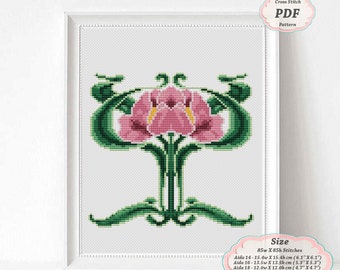 Art Nouveau Antique mauve Iris Flower Floral borders - Cross Stitch PDF Pattern for Pillowcase, Victorian Era style Home decor