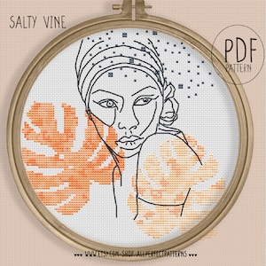 Cross stitch PDF Pattern: Salty vine - One line art female figure woman body neutral boho terracotta abstract minimalist art
