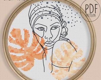 Cross stitch PDF Pattern: Salty vine - One line art female figure woman body neutral boho terracotta abstract minimalist art