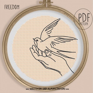 Freedom - one line art the bird on the woman hand art neutral boho terracotta cross stitch PDF abstract minimalist art
