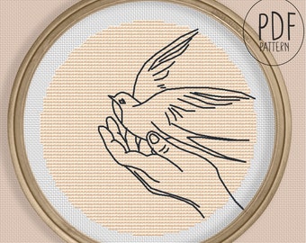 Freedom - one line art the bird on the woman hand art neutral boho terracotta cross stitch PDF abstract minimalist art