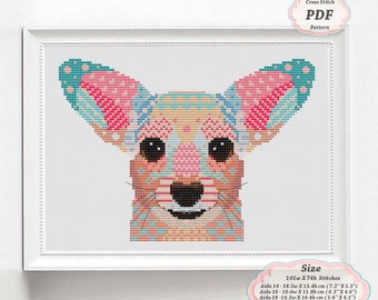 May include: Cross stitch pattern PDF of a colorful chihuahua with a geometric design. The pattern is 101 stitches wide by 74 stitches high and uses 27 DMC colors. The pattern can be stitched on Aida cloth in sizes 14, 16, or 18 count.