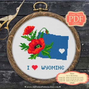 Love Wyoming - Coquelicot au point de croix - Patron PDF - Carte d'état des États-Unis - XStitch - Broderie moderne - Décoration murale