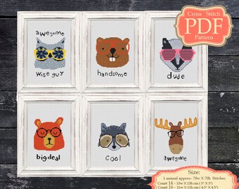 Woodland Animals - in glasses - Cross Stitch PDF Pattern - Nursery Decor - Scandinavian Art