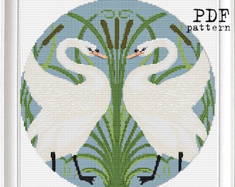 PATTERN: Swan love Art Nouveau Cross Stitch PDF Sampler Moderm border embroidery in Victorian era Style