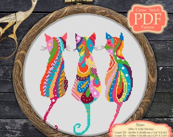 Mandala Three Cats, Cross stitch PDF Pattern, Wall nursery decor,  Zentangle animals doodle art