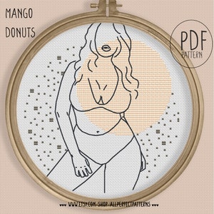 Pattern: Mango donuts - one line art female figure woman body art neutral boho terracotta cross stitch PDF abstract minimalist art