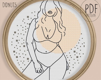 Pattern: Mango donuts - one line art female figure woman body art neutral boho terracotta cross stitch PDF abstract minimalist art