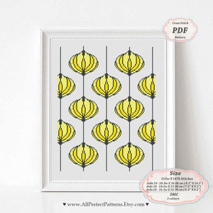 Yellow Lily - Cross Stitch Sampler PDF Pattern Flower borders in Retro 1970&#39;s style, Floral wall decor