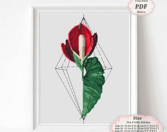 Monstera deliciosa flowers tattoo art - Cross Stitch PDF Pattern - Modern Embroidery - XStitch Yoni botanical art