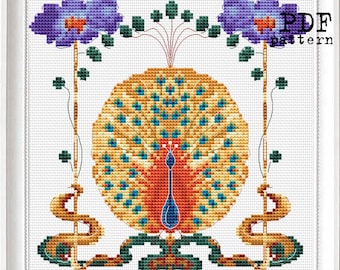 Art Nouveau Peacock Floral borders - Cross Stitch PDF Pattern for Pillowcase, Victorian Era style Home decor