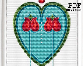 Bleeding heart Art deco Flower cross Stitch PDF pattern Blue Valentine sampler Floral Modern Embroidery