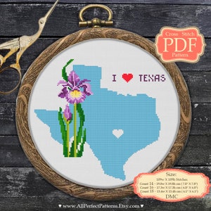 Love Texas - Iris - Cross Stitch PDF Pattern - USA State Map - XStitch - Modern Embroidery - Wall decor