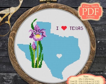 Love Texas - Iris - Cross Stitch PDF Pattern - USA State Map - XStitch - Modern Embroidery - Wall decor