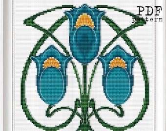 PATTERN: Bellflowers Cross Stitch PDF floral Sampler Art nouveau Blue Flower borders Moderm embroidery in Victorian era Style