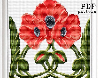 Red Poppies Cross Stitch PDF Pattern Art Nouveau style Flower border Victorian Era Floral Decor