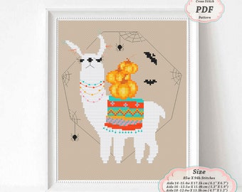 Llama with Pumpkin - Cross Stitch PDF digital pattern, Halloween Modern embroidery hoop art