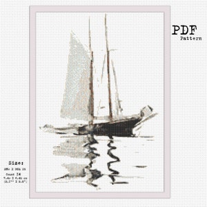 May include: A black and white cross-stitch pattern of a sailboat with two sails on a calm body of water. The pattern is 29 stitches wide by 35 stitches high and uses 14 count Aida cloth.