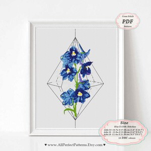 Delphiniums flowers tattoo art - Cross Stitch PDF Pattern - Modern Embroidery - XStitch botanical art