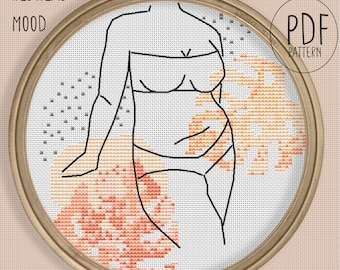 One line art Cross stitch PDF Pattern: Redhead mood -  female figure woman body neutral boho terracotta abstract minimalist art