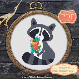 Racoon with flowers - Cross Stitch PDF Pattern - Nursery Art - XStitch - Modern Embroidery