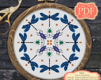Cross stitch Embroidery PDF Pattern / Blue Dragonfly / Mandala / Insect / Modern cross stitch
