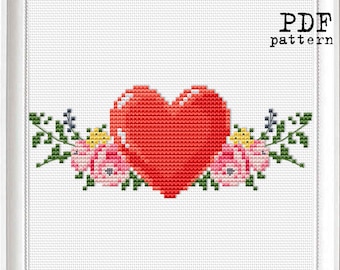 Love Heart in Roses Cross Stitch PDF flower Pattern, Valentines gift idea Modern embroidery
