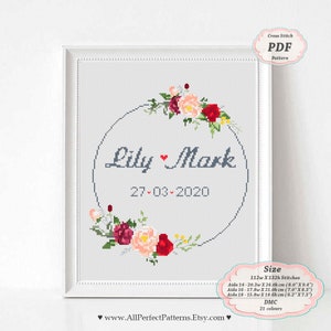 Wedding records with roses - Cross Stitch PDF Pattern, Modern embroidery floral sampler, hoop art flowers announcement
