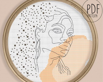 Pattern: Femininity - one line art female figure woman body art neutral boho terracotta cross stitch PDF abstract minimalist for relaxing