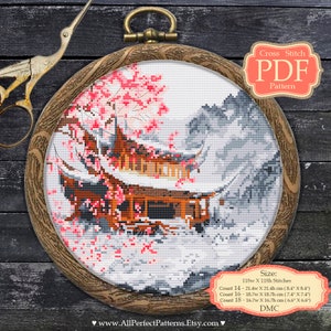 Traditionell japansk pagod i Sakura körsbärsblommor - Korsstygnsmönster i PDF-format, Modern broderiringkonst