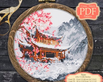 Traditional Japanese Pagoda in Sakura cherry blossoms - Cross Stitch PDF Pattern, Modern embroidery hoop art