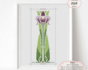 Art Deco Iris - Cross Stitch PDF Pattern, Flower Floral borders for Pillowcase, Victorian Era style Home decor